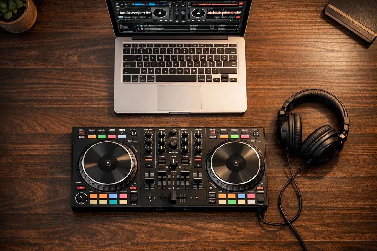 A beginner DJ starter kit laid out on a desk: a controller, a laptop running DJ software, and a pair of headphones.