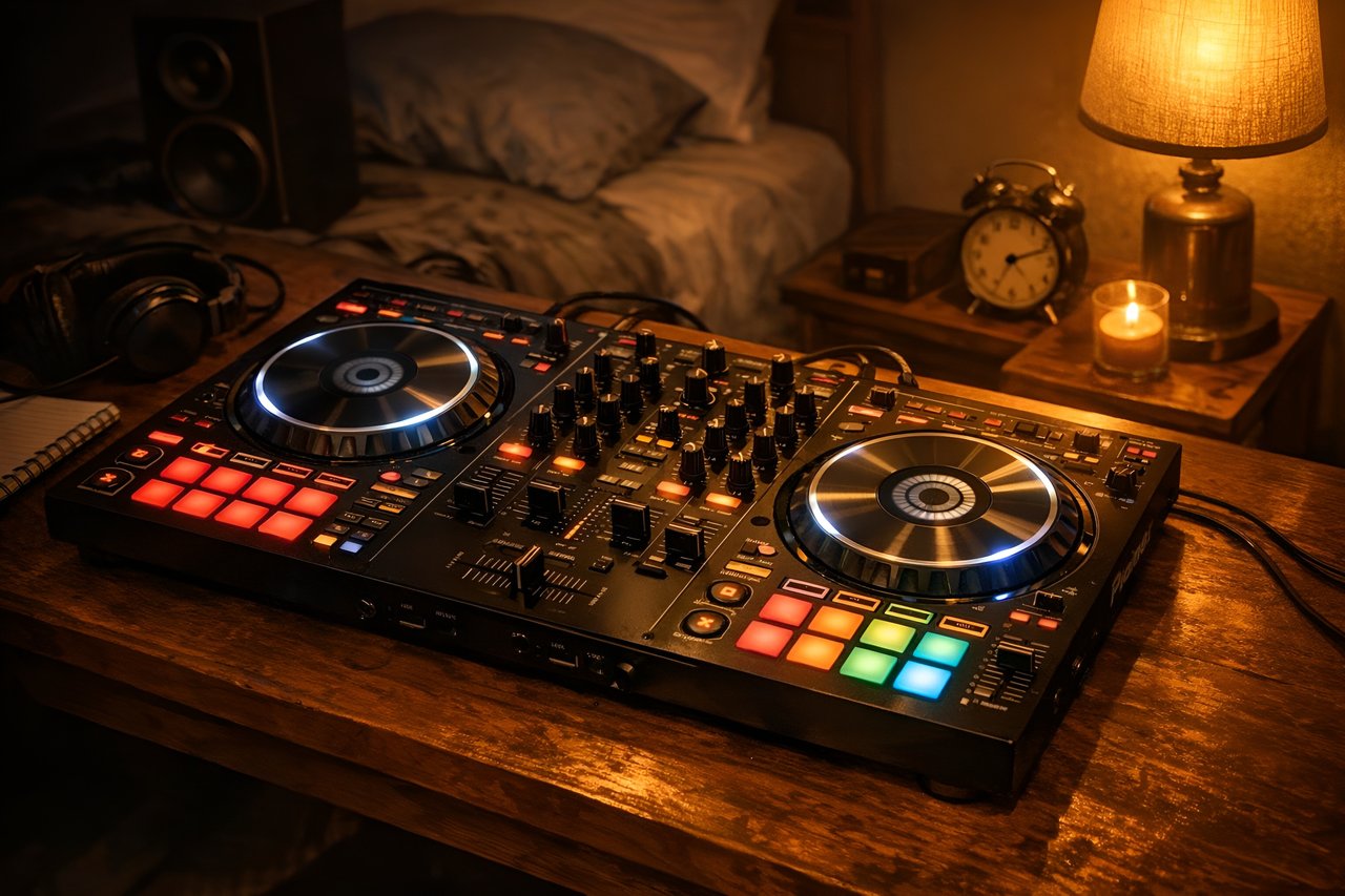 A DJ controller on a wooden desk in a bedroom at night, lit by a lamp, with headphones and a candle beside it.