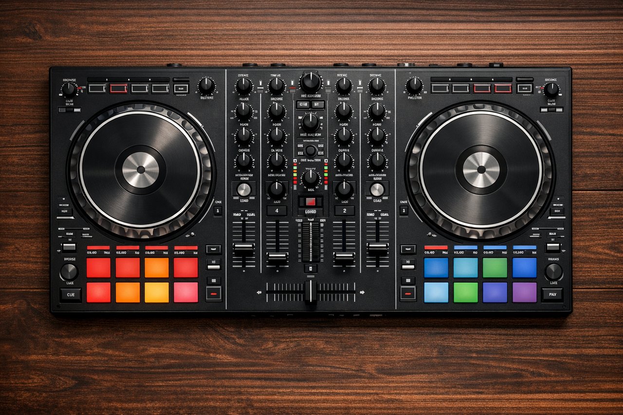 A DJ controller viewed from above, showing its two jog wheels, central mixer and performance pads.