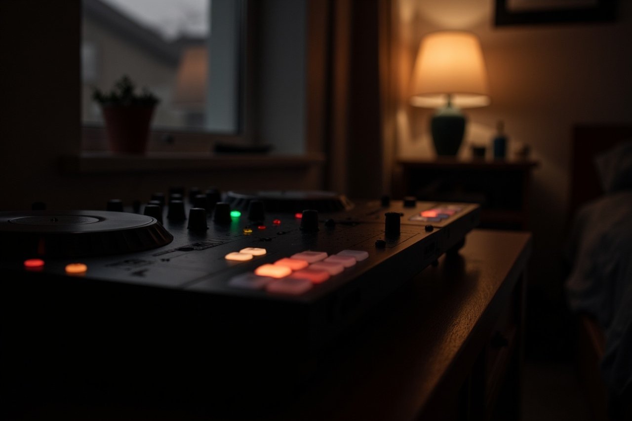 A DJ controller glowing in a dimly lit bedroom at night, with its knobs and performance pads lit, a lamp and a window behind it.