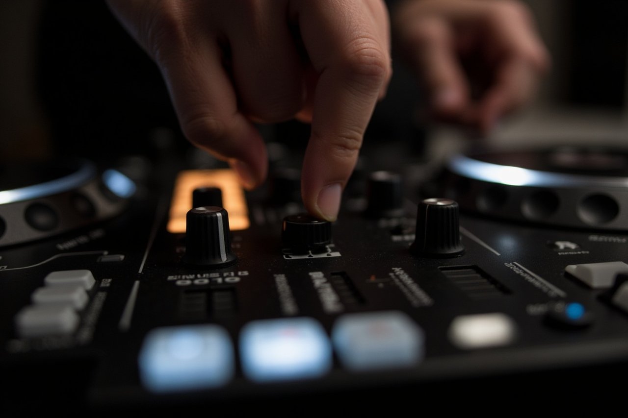Close-up of a hand adjusting an EQ dial on a DJ controller, lit by a warm glow from the panel.