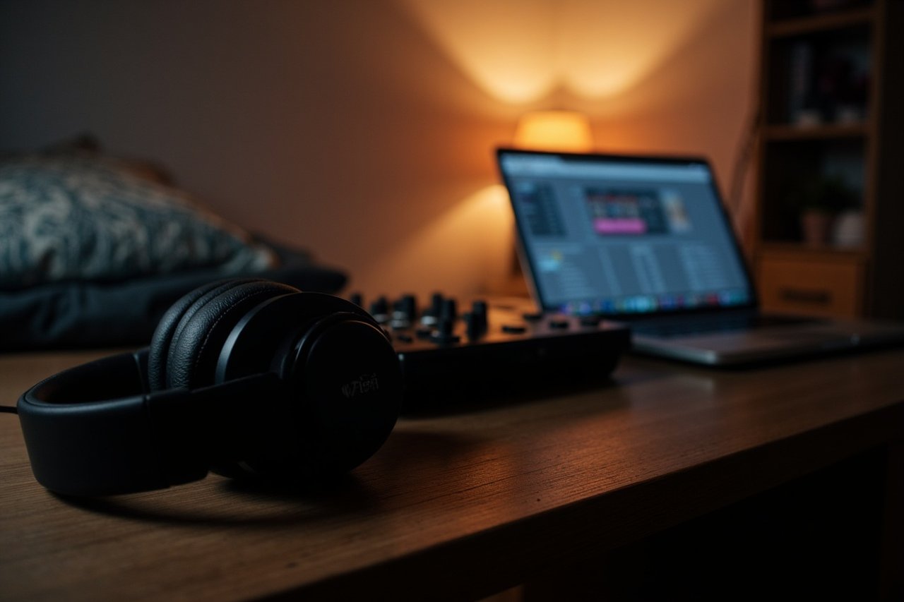 Over-ear headphones resting on a desk beside a DJ controller in a bedroom at night, with a laptop glowing in the background.