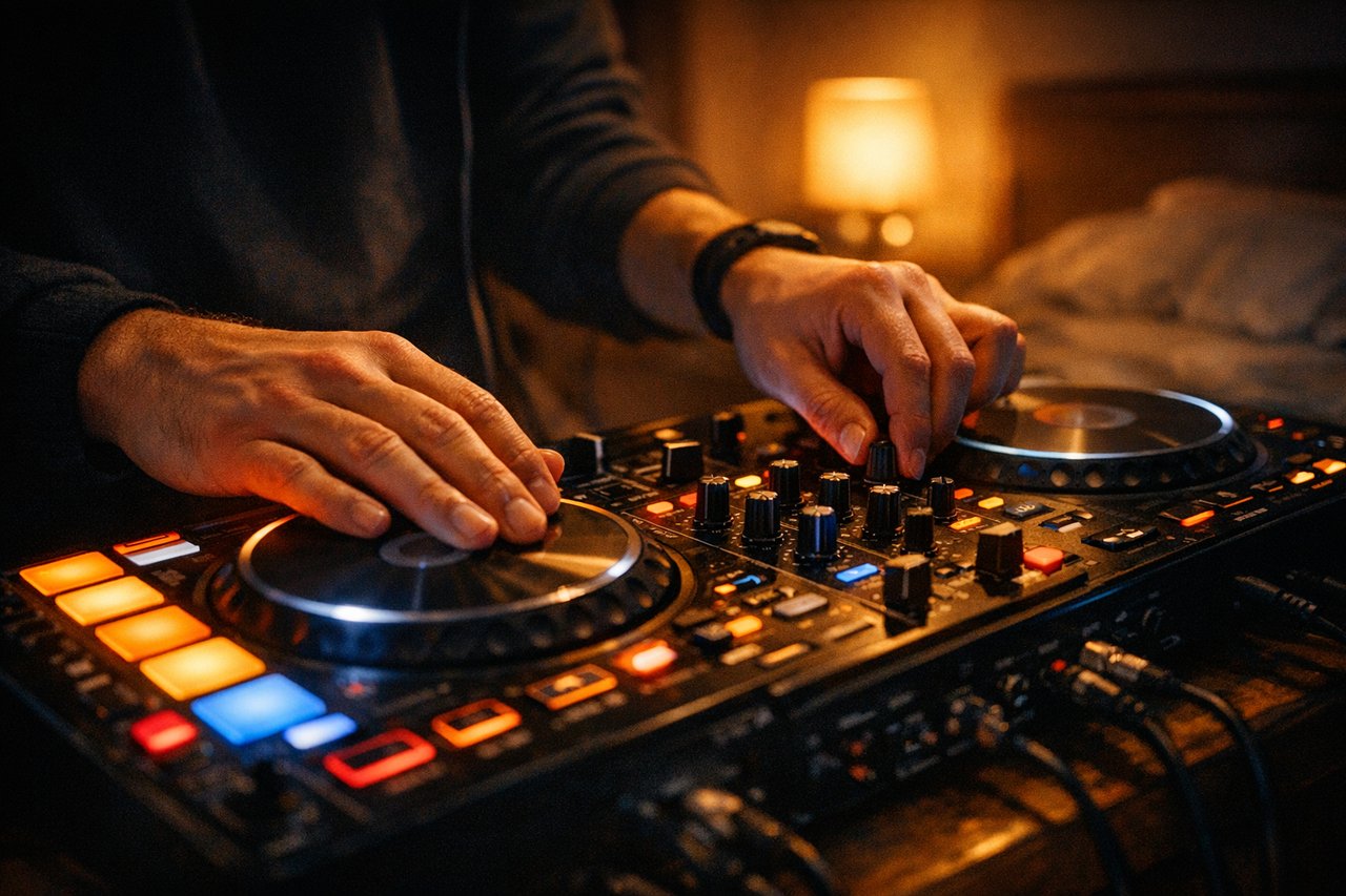 Close-up of a DJ's hands on a controller, one hand on the jog wheel and one on the mixer knobs, lit by warm lamplight.
