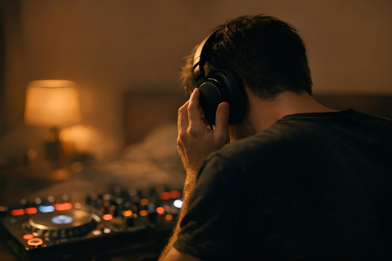 A DJ holding one headphone cup to their ear, concentrating, in a dimly lit bedroom.