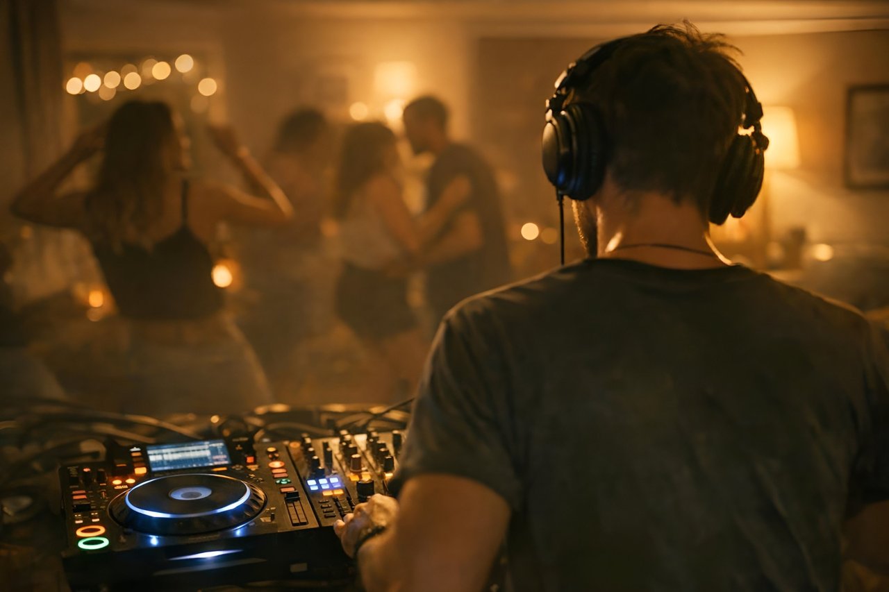 A DJ seen from behind playing at a controller, with a few people dancing in a small warmly lit room beyond.