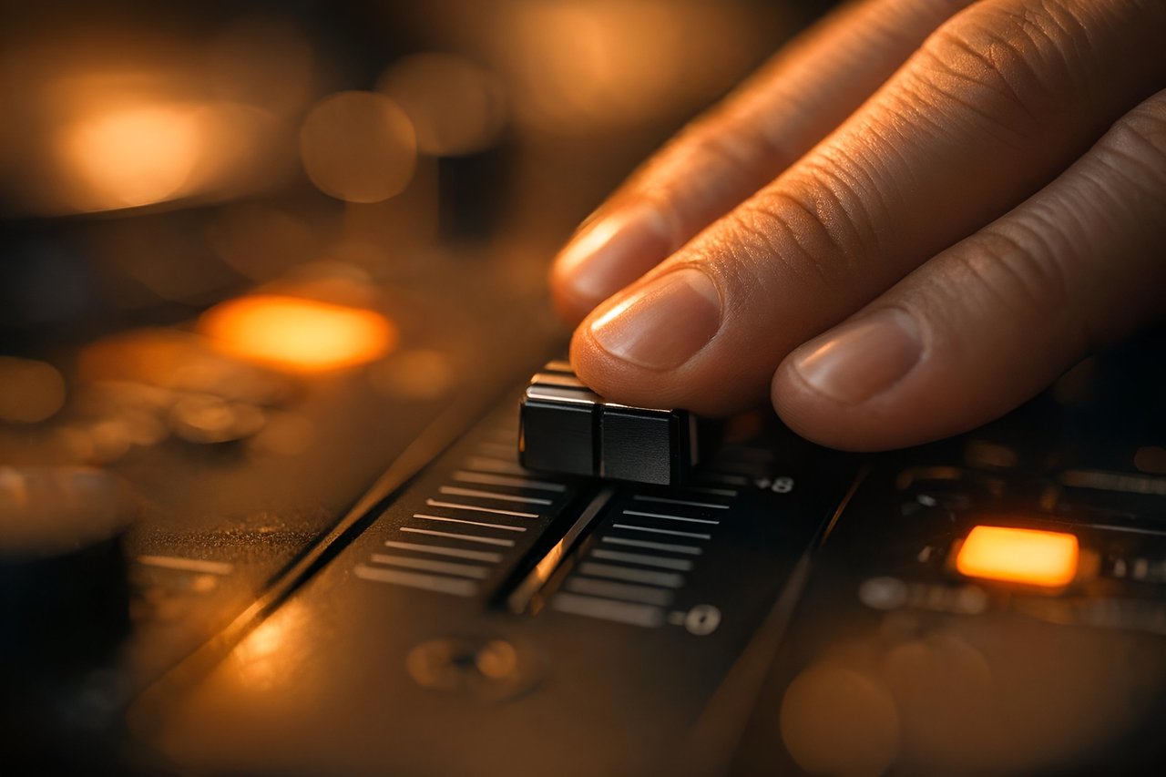 Close-up of a DJ's fingers on the pitch fader of a controller.