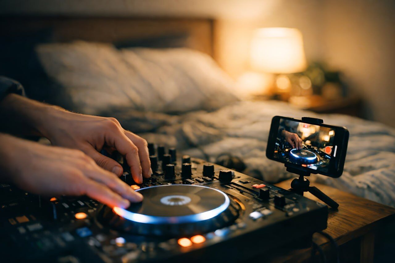 A DJ recording a mix at home, with a phone propped up filming the controller.