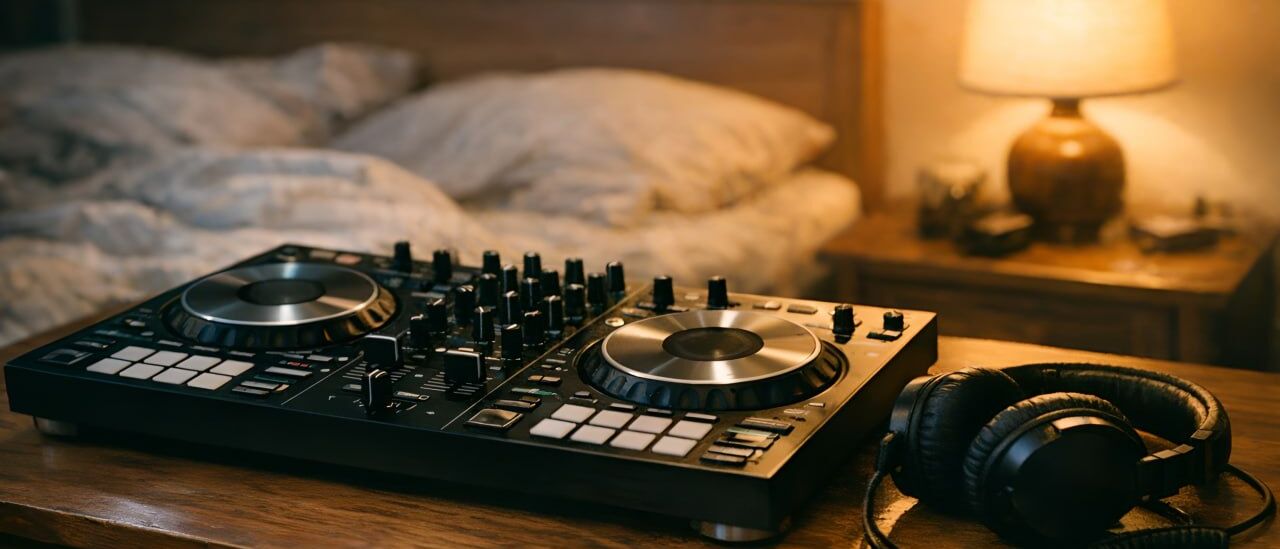 A DJ controller and headphones on a wooden desk in a dimly lit bedroom.