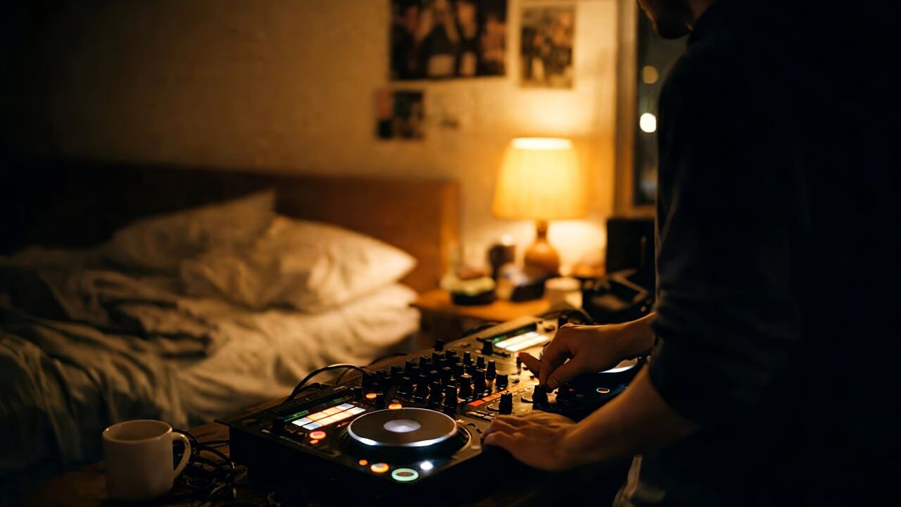 A DJ mixing on a controller in a dimly lit bedroom at night, lit by a bedside lamp.
