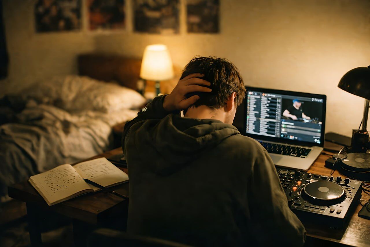 A beginner DJ at a desk with a controller, head in hands, frustrated.